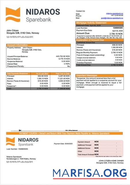 Printable Norway Nidaros Sparebank mortgage statement Word and PDF template